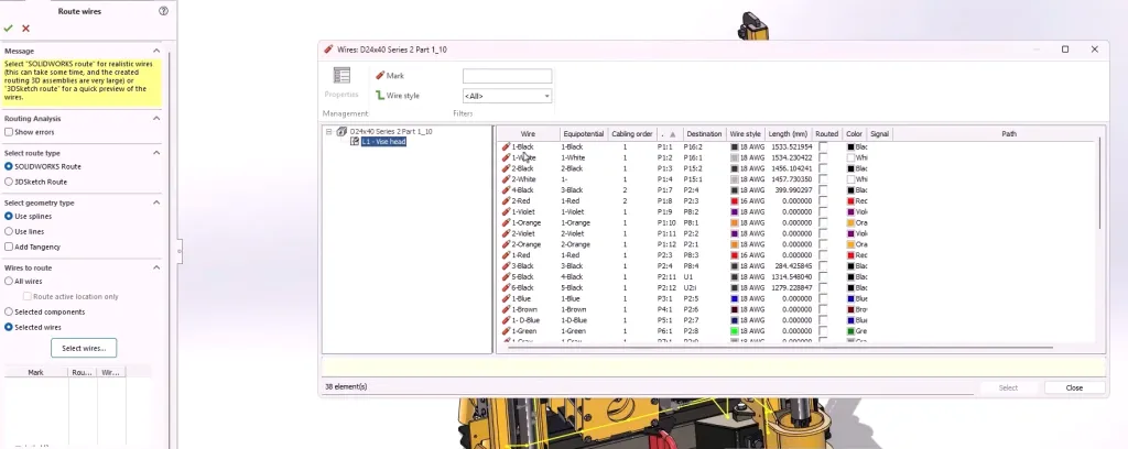 Routing specific wires in SOLIDWORKS Electrical 3D
