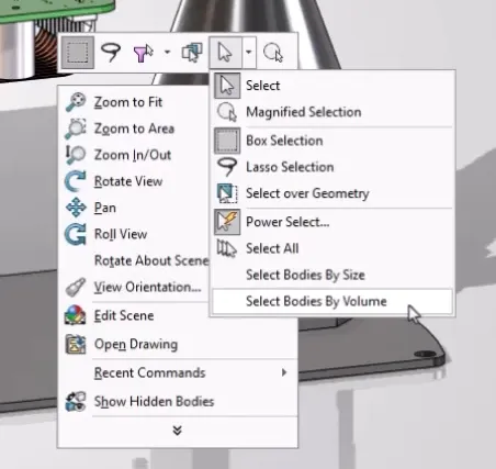 Selecting bodies based on volume