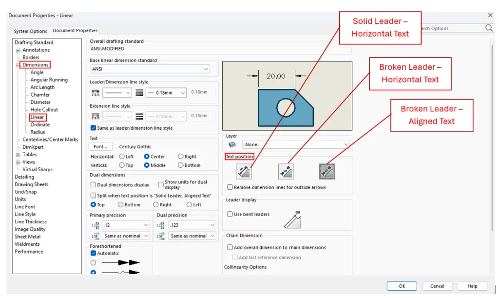 How to Center Dimensions by Default in SOLIDWORKS Drawings 9 Setting the position of dimension text